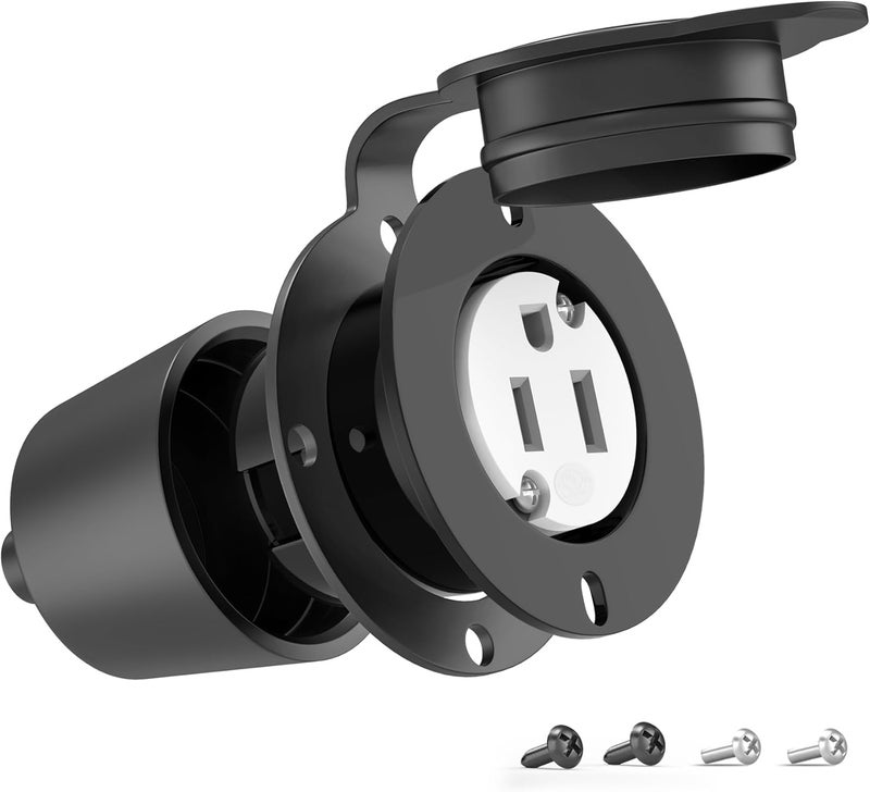 HYDUUU Flanged Outlet NEMA 5-15R - 110V/120V, 15 Amps Single Round Female Plug Receptacle, Weather Resistant, Flush Mount Inlet for RV, Camper, Marine, Truck Bed, Golf Cart, Indoor/Outdoor Use, UL Listed - Image 3